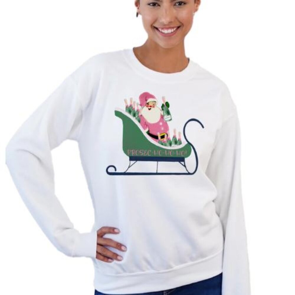 Prosecco Santa Pink Suit in Sleigh White Crewneck Sweatshirt "Prosec-Ho-Ho-Ho"